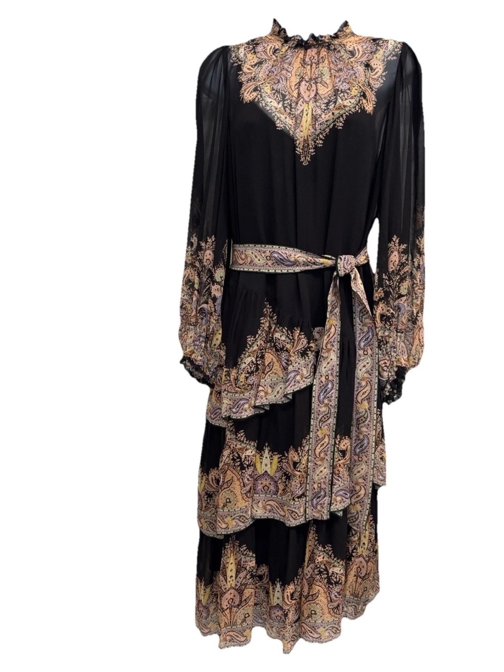 Zimmermann Black Paisley-Tiered Long Sleeve Midi Dress with Belt & slip